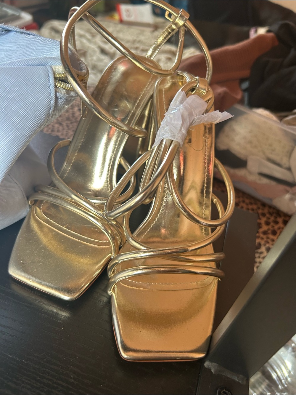 Gold Strappy Square-Toe Women's Heels
